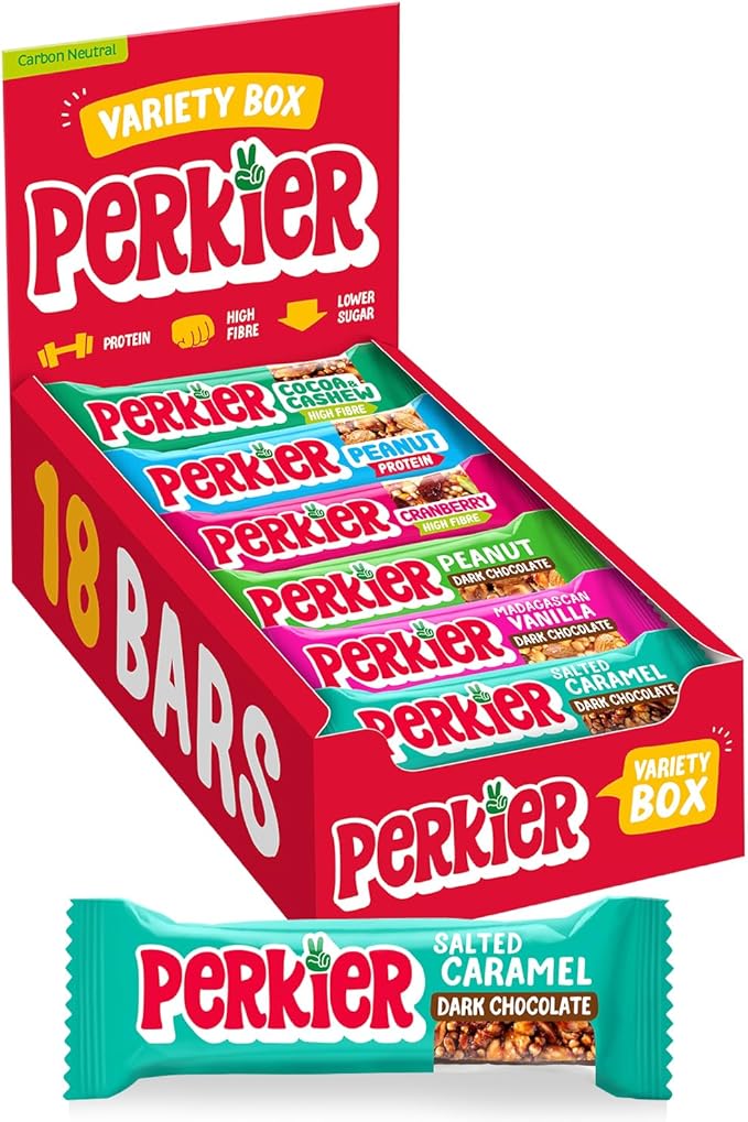 Perkier Variety Box (18 bars) – Vegan - Gluten Free - Protein Packed - Lower Sugar - High Fibre - Snack Bars Perkier