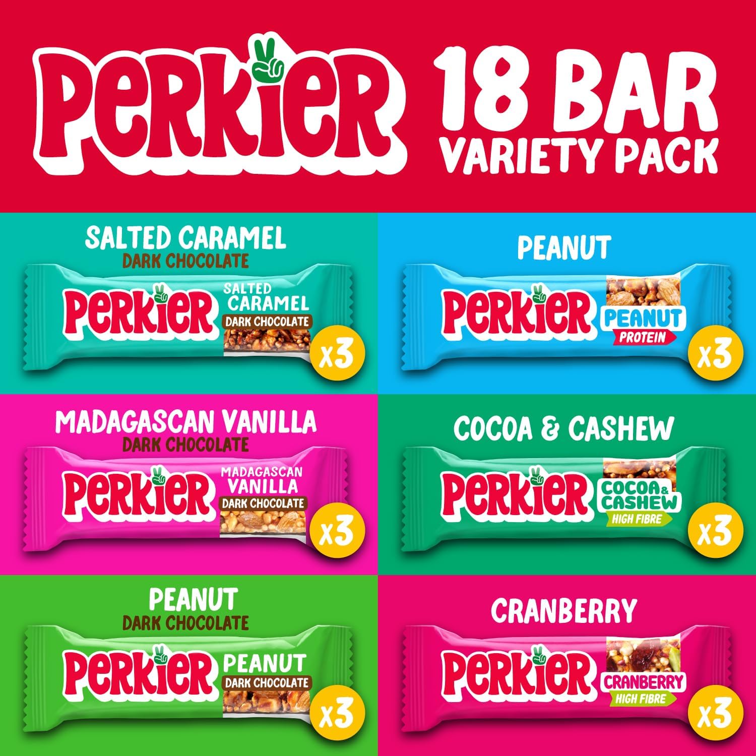 Perkier Variety Box (18 bars) – Vegan - Gluten Free - Protein Packed - Lower Sugar - High Fibre - Snack Bars Perkier