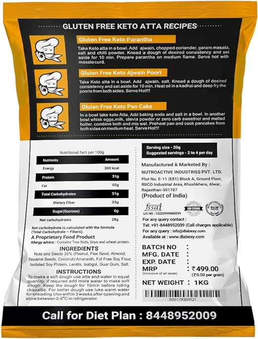 NutroActive Keto Atta Gluten Free Ultra Low Carb Flour - 1kg NutroActive