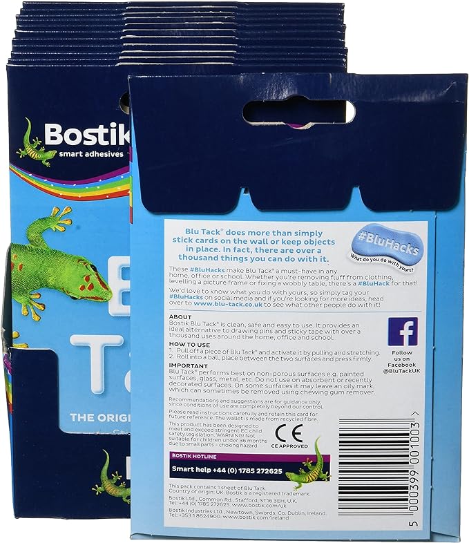 Bostik Blu Tack, Multipurpose Reusable Adhesive, Clean, Safe & Easy to Use Non-Toxic, Handy Size, Colour: Blue, Pack of 12 NORSONS