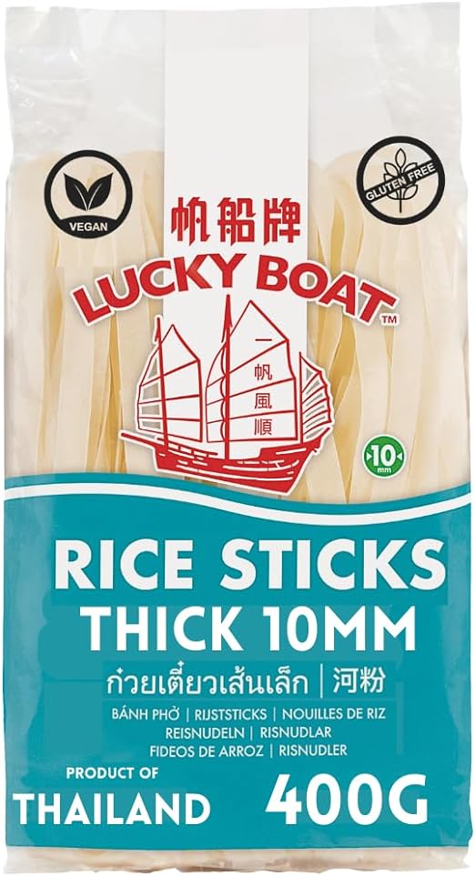 Lucky Boat Rice Noodle 400G Thick Rice Noodle 10mm Pad Thai Gluten Free Noodles Thai Ingredients Chinese Ingredients & Asian Ingredients Lucky Boat