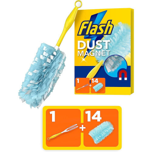 Flash Duster Dust Magnet Starter Kit, 1 Handle + 14 Refills, Trap And Lock Away Dust, Dirt And Hair In No Time NORSONS