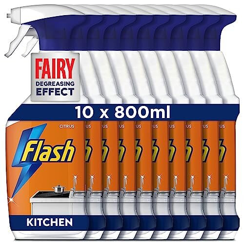 Kitchen Degreaser Cleaning Spray, 8 Litres (800 ml x 10), Surface Cleaner & Grease Remover, Streak-Free Shine, Citrus Scent Flash