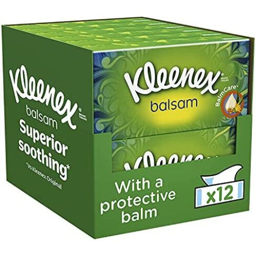 Kleenex Balsam Facial Tissues - Pack of 12 Tissue Boxes - Balm Tissues Protect and Soothe Your Nose when You've Got a Cold - Balmcare with Aloe Vera, Kleenex