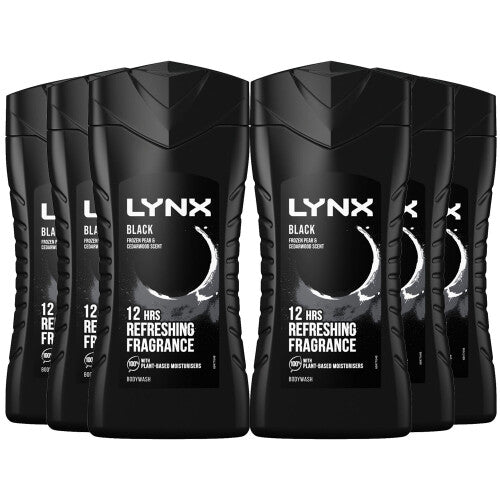 Lynx Black 12-H Refreshing Shower Gel Body Wash for Men 6x225ml NORSONS