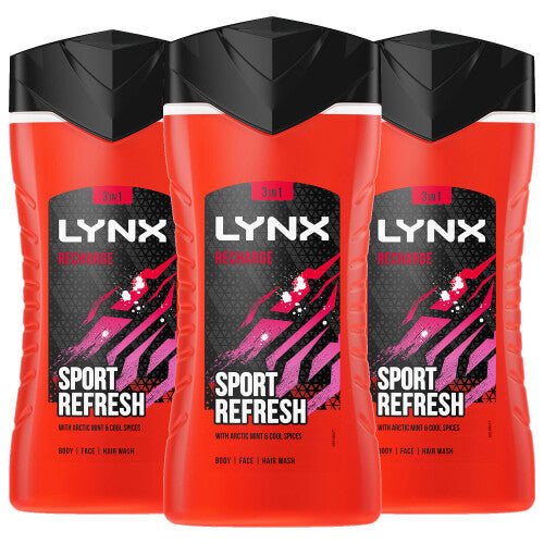 Lynx Recharge 12-H Refreshing Shower Gel Body Wash for Men, 3x225ml NORSONS