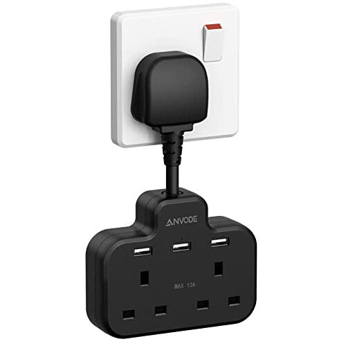 Multi Plug Extension Lead Short Cable with 3 USB Ports, ANVODE 2 Way Plug Adaptor with Flexible Plug, Extension Wall Sockets Adapter for Bedroom, ANVODE