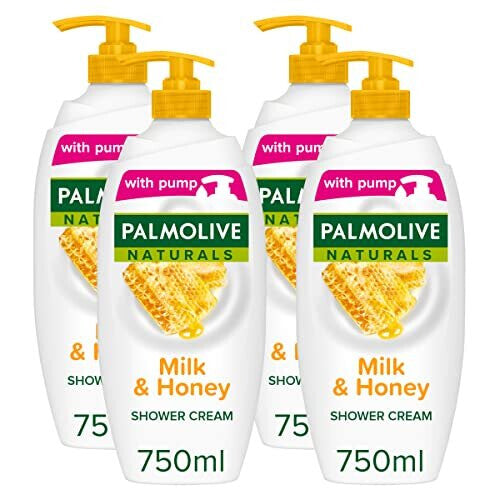 Palmolive Naturals Milk & Honey Shower Gel Pump 750 ml Pack of 4, Dermatologically Tested Body Wash, Moisturising Milk and Honey (4 x 750 ml) NORSONS