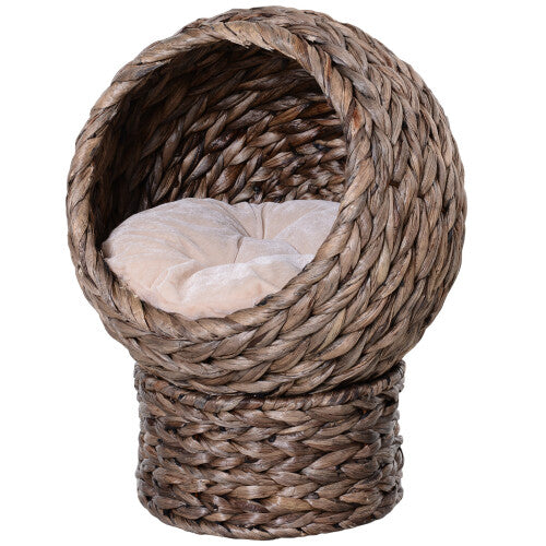 PawHut Wicker Cat House, Raised Cat Bed with Cushion, 42 x 33 x 52cm, Dark Brown PawHut