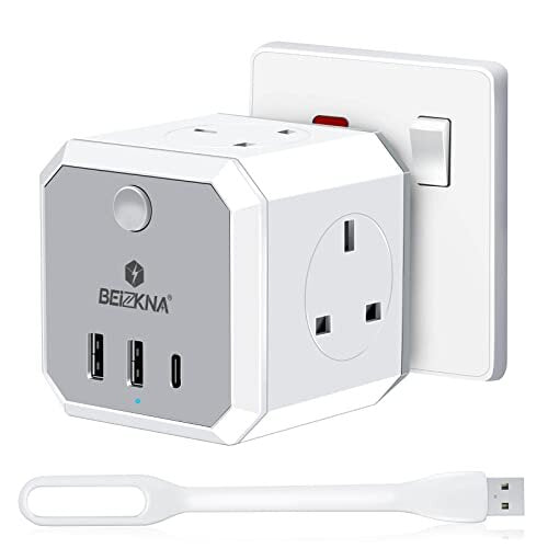 Plug Adapter with 3 USB, 4 Way Multi Plug Extension USB C Wall Socket Adaptor, 13A UK 3 Pin Cube Multiplug Switched Power Extender for Home, Office, Beizkna