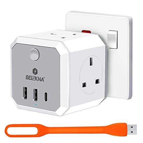 Plug Adapter with 3 USB, 4 Way Multi Plug Extension USB C Wall Socket Adaptor, 13A UK 3 Pin Cube Multiplug Switched Power Extender for Home, on OnBuy Beizkna