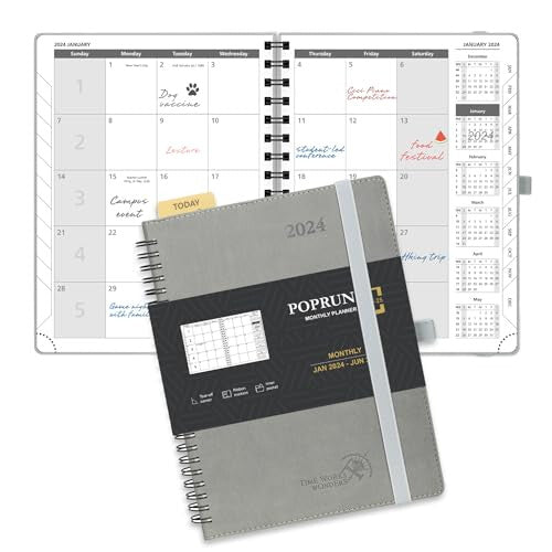 POPRUN Monthly Planner 2023-2024 with Tabs 22x16.5cm (18-Month: Jul'23 - Dec'24) Month to View only Academic Diary A5, 100 GSM Ivory Paper, Spiral PU POPRUN