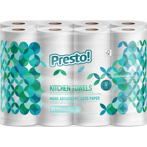 Presto! Tad Kitchen Rolls Extra Absorbent, 8 Count, 51 Sheets per Roll, White Presto! Store