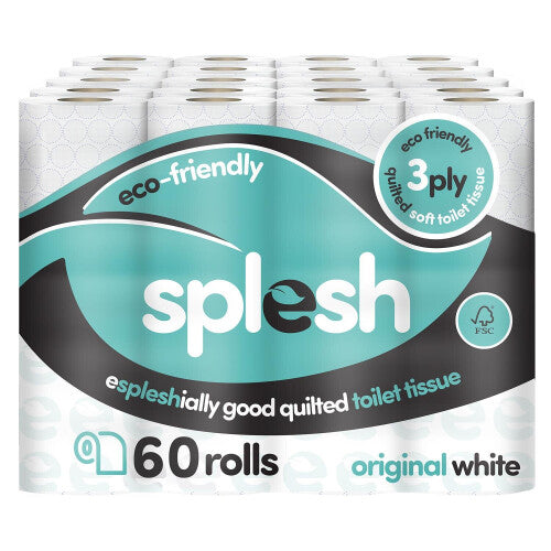 Splesh Toilet Roll, Soft & Quilted Eco-Friendly, White, 60 Rolls Cusheen