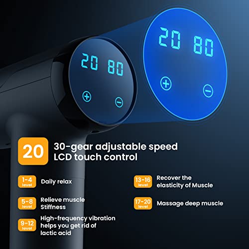 Massage Gun Deep Tissue, Portable Muscle Massage Device with 8 Massage Heads, 2024 Massager 20 Speeds with LCD Touch Screen, Featuring Quiet Glide Technology, Powerful Cordless Percussion NORSONS