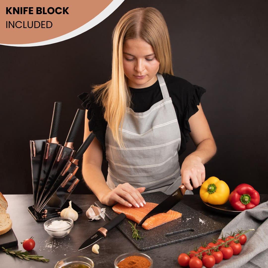 Kitchen Knife Block Set Copper 5 Piece Set with Knives Clear Acrylic Block Stainless Steel Blades - by Nuovva NORSONS