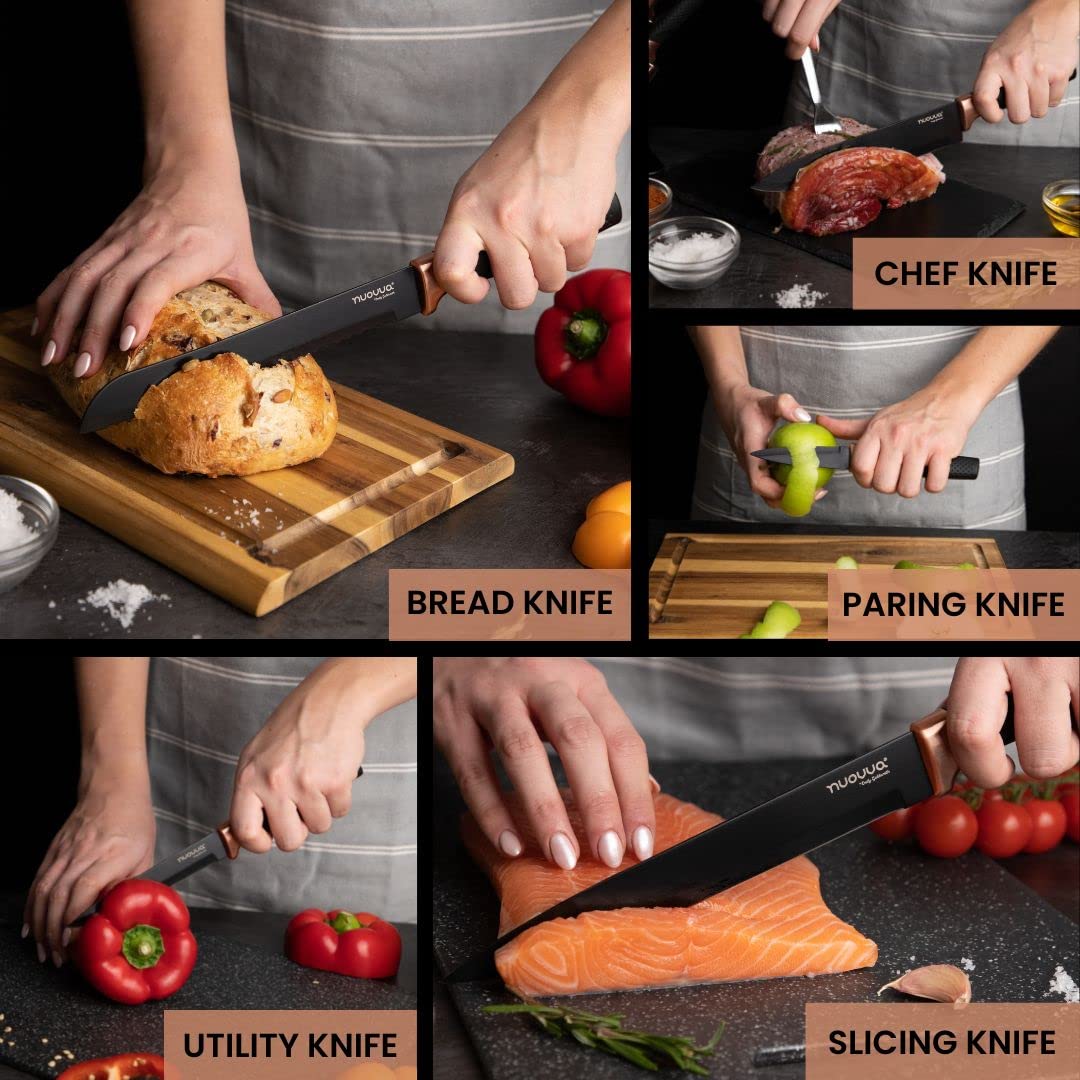 Kitchen Knife Block Set Copper 5 Piece Set with Knives Clear Acrylic Block Stainless Steel Blades - by Nuovva NORSONS
