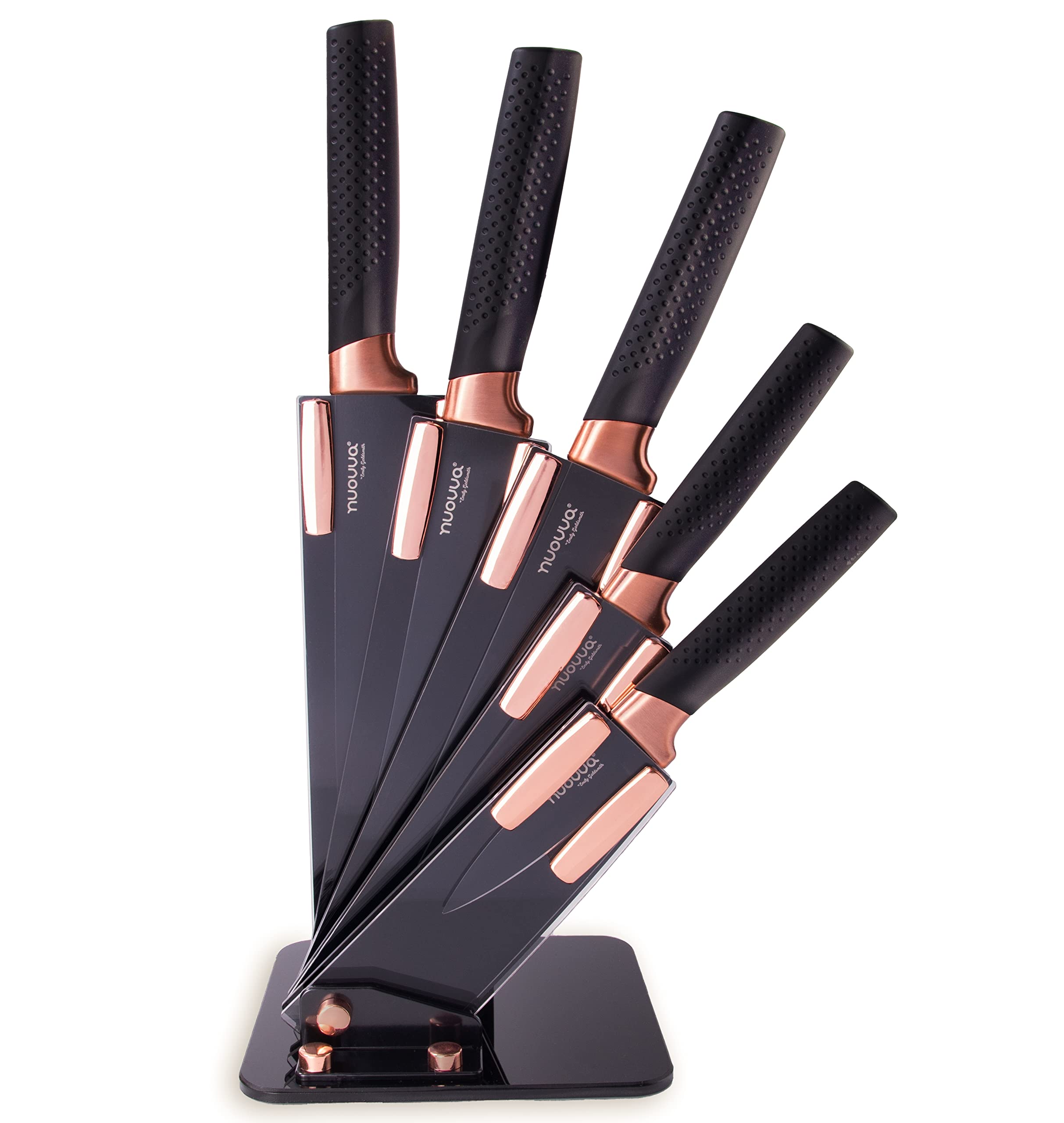 Kitchen Knife Block Set Copper 5 Piece Set with Knives Clear Acrylic Block Stainless Steel Blades - by Nuovva NORSONS