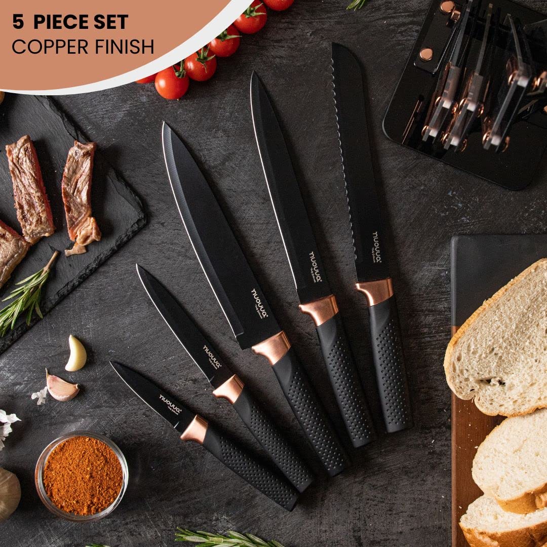 Kitchen Knife Block Set Copper 5 Piece Set with Knives Clear Acrylic Block Stainless Steel Blades - by Nuovva NORSONS