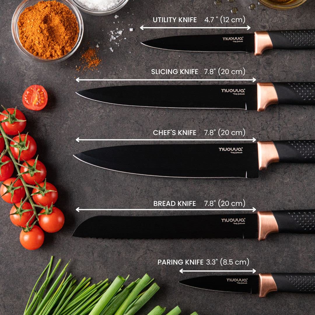 Kitchen Knife Block Set Copper 5 Piece Set with Knives Clear Acrylic Block Stainless Steel Blades - by Nuovva NORSONS