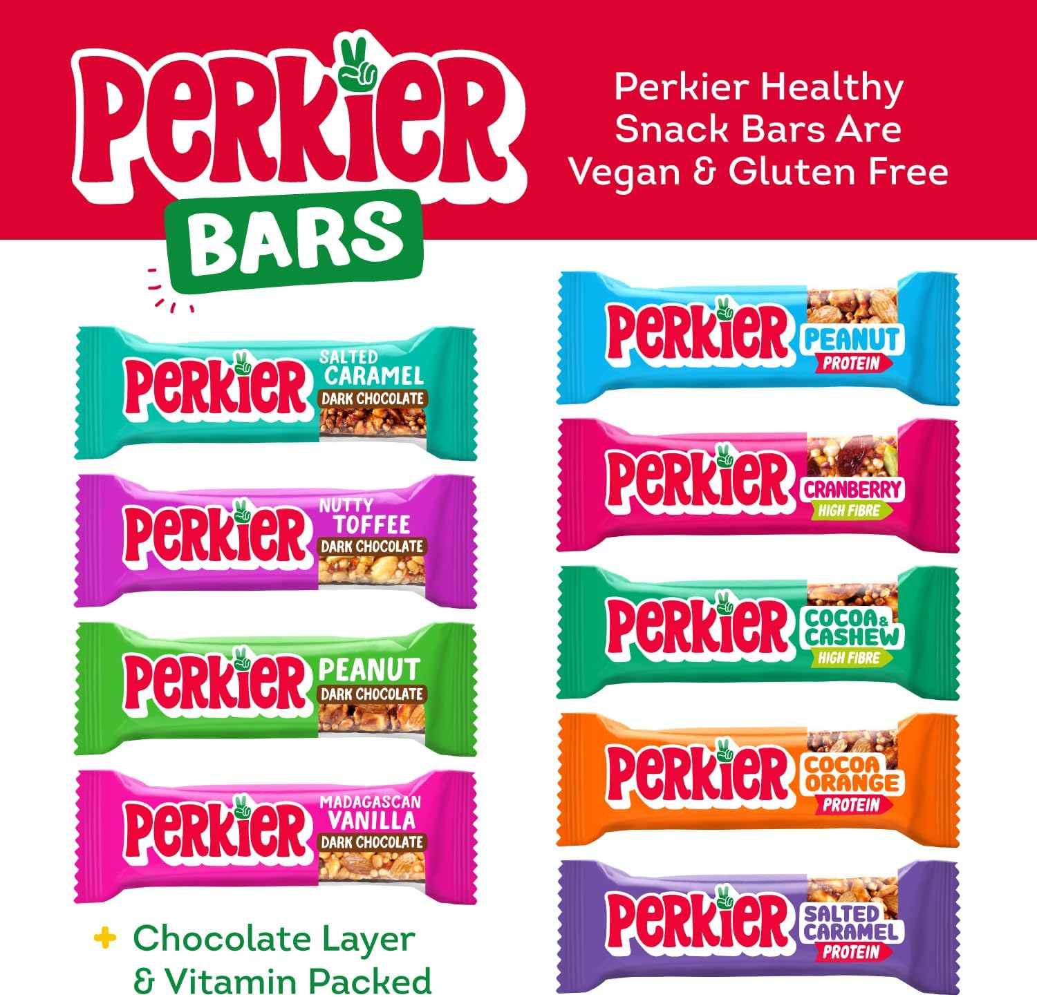 Perkier Variety Box (18 bars) – Vegan - Gluten Free - Protein Packed - Lower Sugar - High Fibre - Snack Bars Perkier