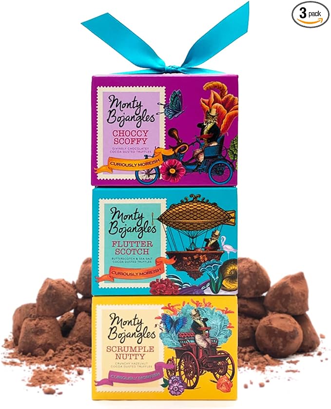 Monty Bojangles Cocoa Dusted Truffles Gift Tower (3 x 100g Pack) - 3 Luxury Chocolate Truffle Boxes - Choccy Scoffy, Scrumple Nutty & Flutter Scotch - The Perfect Chocolate Gift Box Selection Monty Bojangles