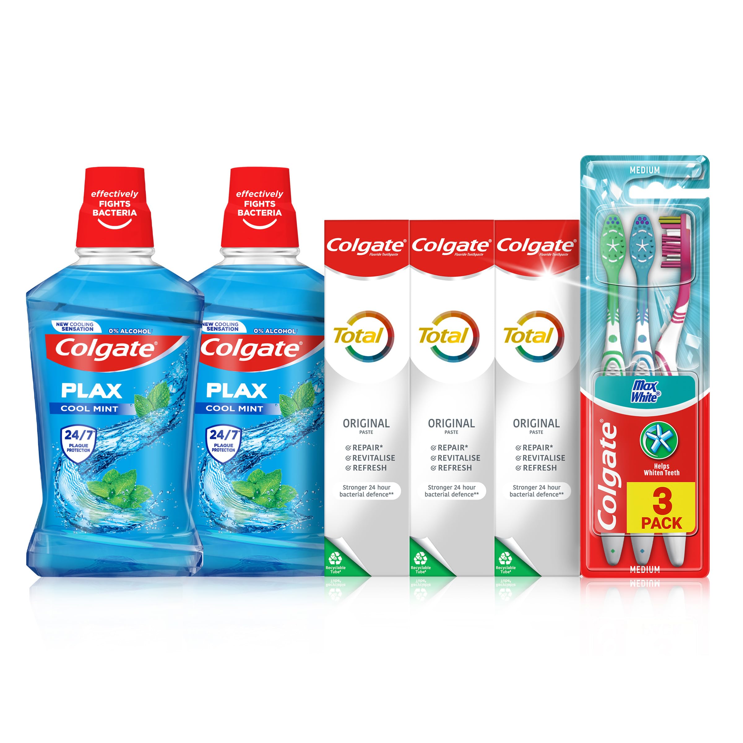 Colgate Total Oral Care Bundle, 3 x Colgate Total Toothpaste, 2 x Colgate Plax Mouthwash, 3 pack Colgate Max White Manual Toothbrush, cavity protection, instant fresh breath, teeth whitening NORSONS