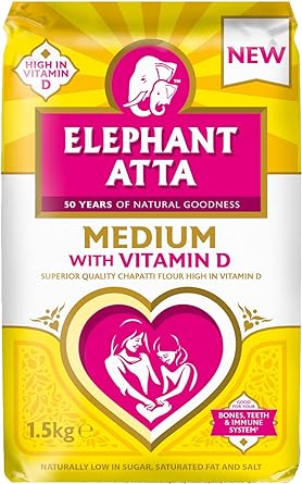 Elephant Atta Medium Atta Flour with Vitamin D | Atta | Vitamin D | Chapatti Flour | Forfeited Flour | Health Flour | Vit D | Naan Flour | Roti Flour | Plain Flour | (1.5kg) ‎ELEPHANT ATTA