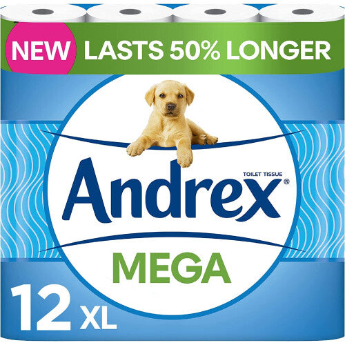 Andrex Classic Clean Mega Toilet Roll - 12 Mega XL Rolls - Same Quality Toilet Roll, Lasts Even Longer, 12 Mega Toilet Rolls = 18 Standard Toilet Roll Andrex