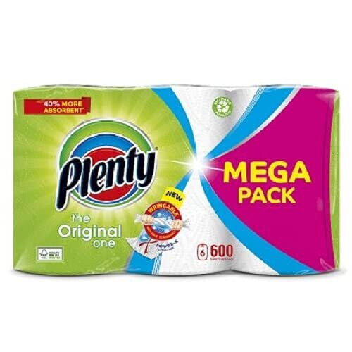 Plenty Kitchen Towel, 6 White Rolls, 600 Sheets, 2-Ply Tissue Plenty