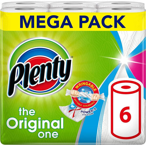 PLENTY Kitchen Towel, 6 White Rolls, 600 Sheets of Kitchen Roll, 2-Ply Tissue Plenty