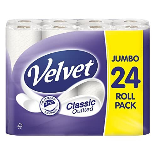 Velvet Classic Quilted Toilet Paper Bulk Buy, 24 White 3 ply Toilet Tissue Rolls, 24 Count (Pack of 1) Velvet